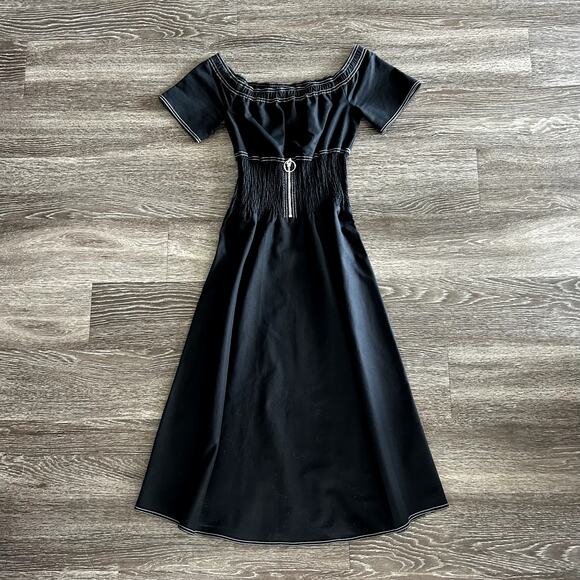 NWOT Maje Relera Black Off-Shoulder Zip Midi‎ Dress Size Small (1) Smocked Waist - Picture 2 of 15
